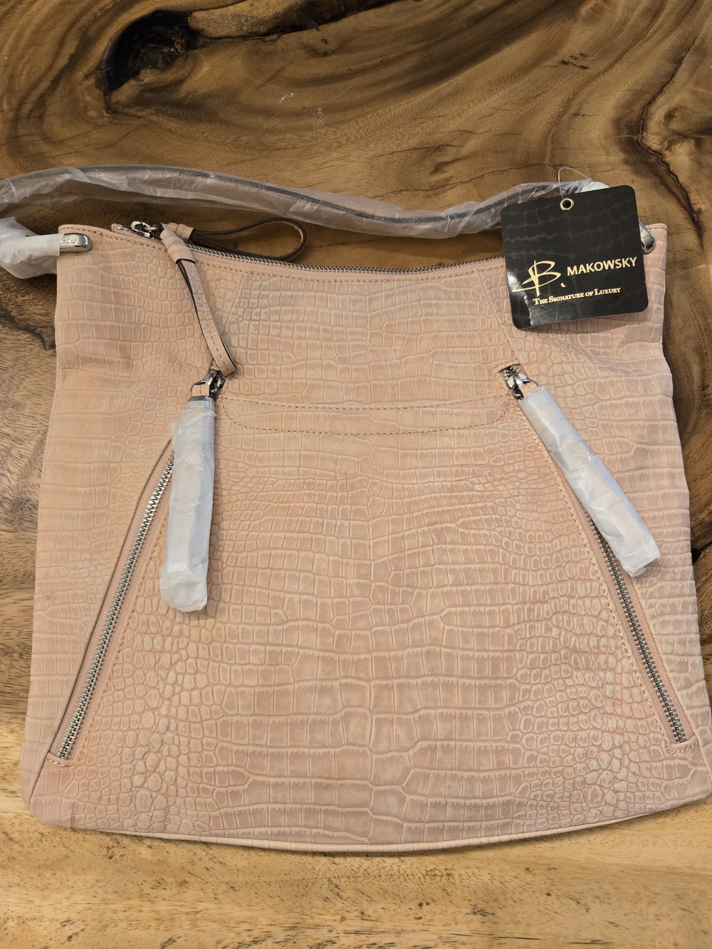 b. makowsky Pink Croc-Embossed Leather Shoulder Bag
